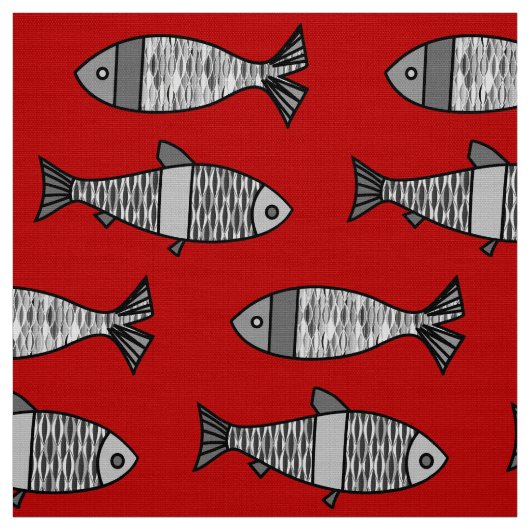 Retro Moderner Fisch, tiefrot und grau / grau Stoff (Muster)