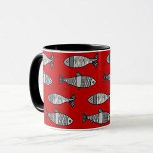 Retro Moderner Fisch, tiefrot und grau / grau Tasse