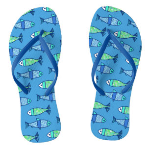 Retro Moderner Fisch, Türkis und Cerulean Blue Badesandalen