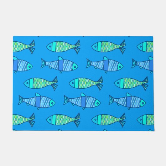 Retro Moderner Fisch, Türkis und Cerulean Blue Fußmatte (Vorderseite)