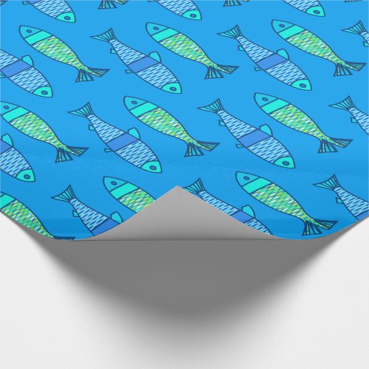 Retro Moderner Fisch, Türkis und Cerulean Blue Geschenkpapier (Ecke)