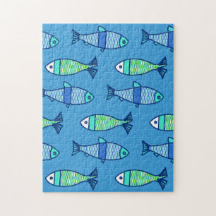 Retro Moderner Fisch, Türkis und Cerulean Blue Puzzle