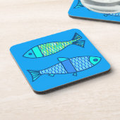 Retro Moderner Fisch, Türkis und Cerulean Blue Untersetzer (Linke Seite)