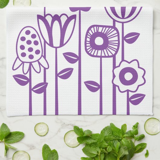 Retro Moderner Lila Blumengarten Geschirrtuch (Gefaltet)