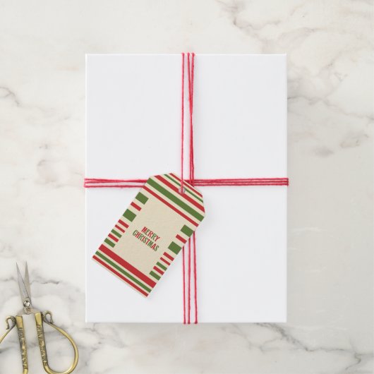 Retro Moderner Weihnachtsstreifen Rote grüne Creme Geschenkanhänger (Mit Garn)