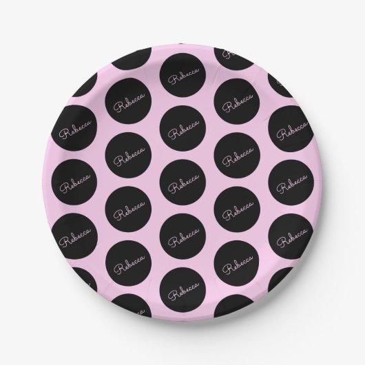 Retro-modernes Schwarz & Pink Polka Dot Design Pappteller (Vorderseite)