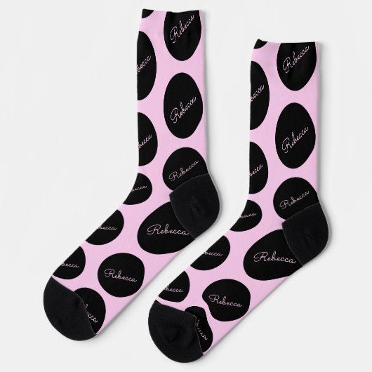 Retro-modernes Schwarz & Pink Polka Dot Design Socken (Linkes Detail)