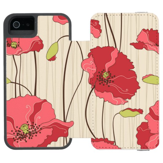 Retro Mohnblumen-Muster Incipio iPhone Geldbeutel-Hülle (Folio Geöffnet)