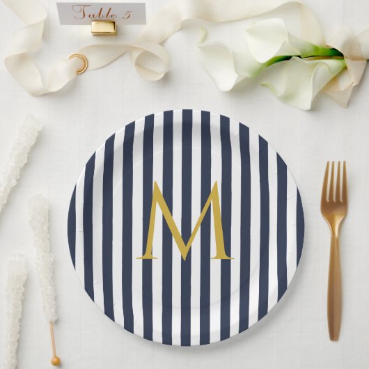 Retro Monogram Navy Blue & White Streifen Streifen Pappteller (Hochzeit)