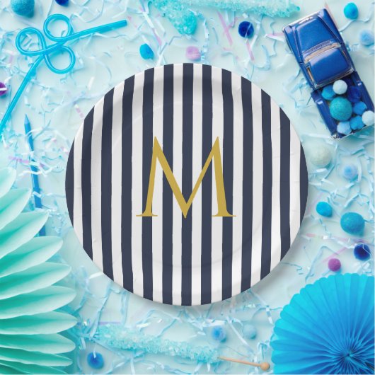 Retro Monogram Navy Blue & White Streifen Streifen Pappteller (Party)