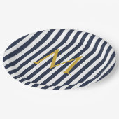 Retro Monogram Navy Blue & White Streifen Streifen Pappteller (Schrägansicht)