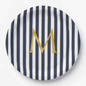 Retro Monogram Navy Blue & White Streifen Streifen Pappteller (Vorderseite)