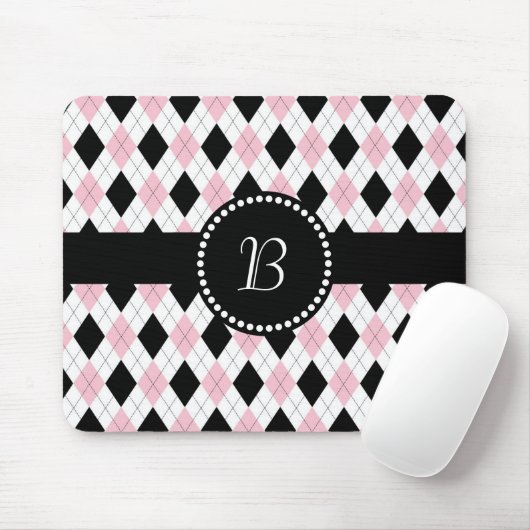Retro Monogram Raute Muster Rosa Schwarz Mousepad (Mit Mouse)
