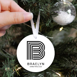 Retro Monogram und Name Schwarz/Weiß Weihnachten Ornament Aus Metall