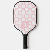 Retro Monogram, weißes Groovy Daisy Checkerboard Pickleball Schläger (Vorderseite)