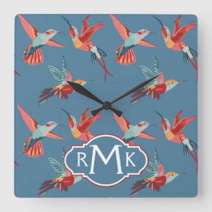 Retro Monogramm des Kolibri-Muster- Quadratische Wanduhr