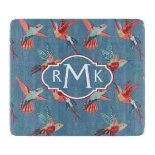 Retro Monogramm des Kolibri-Muster- Schneidebrett