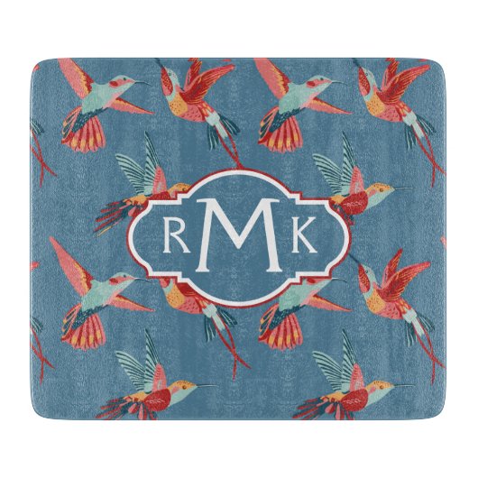 Retro Monogramm des Kolibri-Muster-| Schneidebrett (Vorderseite)