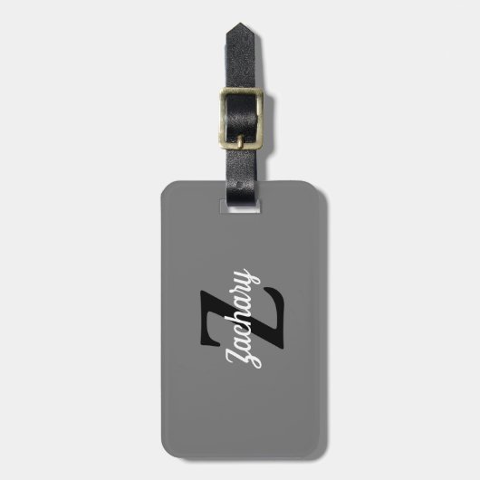 Retro Monogramm Grau Schwarz-weiß Personalisiert Gepäckanhänger (Vorderseite vertikal)