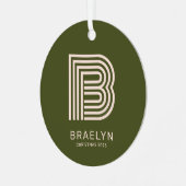 Retro Monogramm und Name Orange und grüne Weihnach Ornament Aus Metall (Vorderseite links)