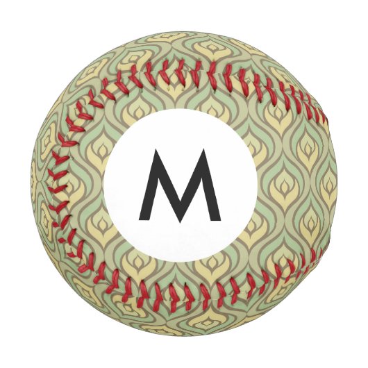 Retro-Monogramm-Vintag-grün-gelbes Muster Baseball (Vorderseite Links)