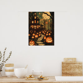 Retro Moonlit Haunted House Pathway Poster
