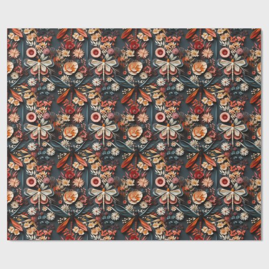 Retro Moth & Dragonfly Blumenmuster Geschenkpapier (Flach)