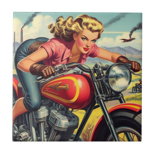 Retro-Motorrad-Button Fliese (Vorderseite)