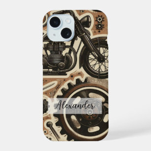 Retro-Motorrad und Zahnräder Handyhülle iPhone 15 Hülle