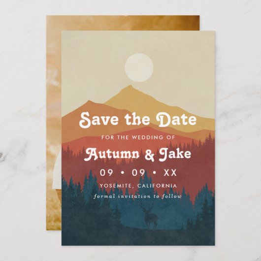 Retro Mountain and Forest Foto Hochzeit Save The Date (Vorne/Hinten)