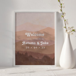Retro Mountain and Forest Pink Wedding Willkommen Poster
