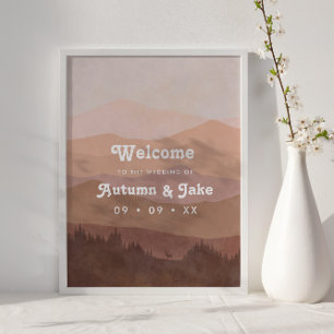 Retro Mountain and Forest Pink Wedding Willkommen Poster