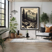 Retro Mountain Landscape Illustration Poster