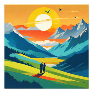 Retro Mountain Landschaft Liebe Fotodruck