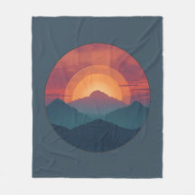 Retro Mountain Sunset Art Watercolor Painting Blue