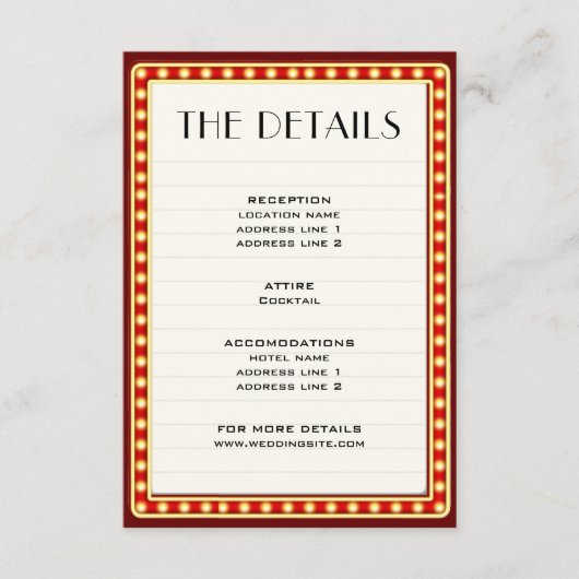 Retro Movie Theater Marquee Sign Wedding Details Begleitkarte (Vorderseite)