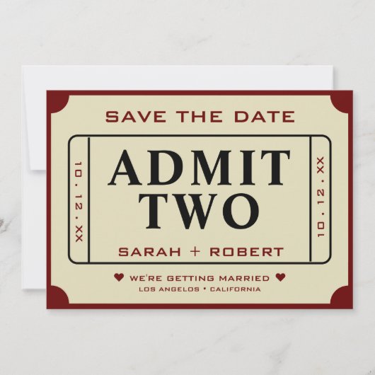 Retro Movie Ticket Stub Admit Two Wedding Save The Date (Vorderseite)