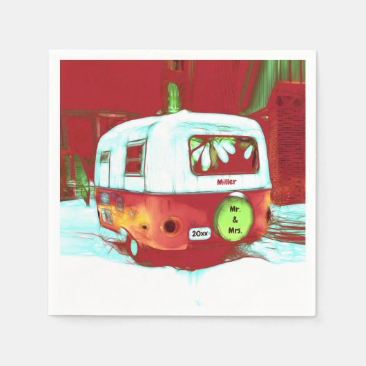 Retro Mr. und Mrs. Christmas Red Green Camper Serviette (Vorderseite)