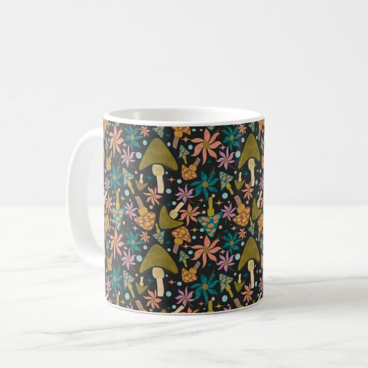Retro Mushroom Floral Black Pattern Kaffeetasse (Vorderseite Links)