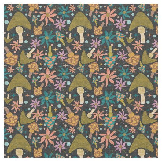 Retro Mushroom Floral Black Pattern Stoff (Nahaufnahme)