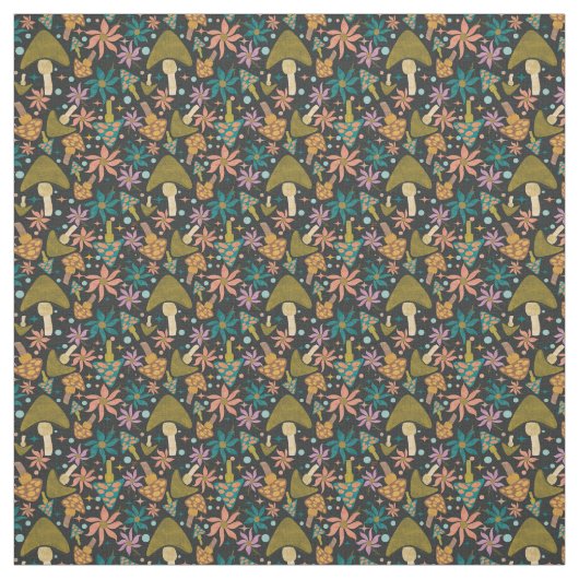 Retro Mushroom Floral Black Pattern Stoff (Muster)