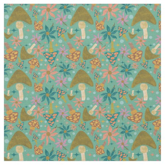 Retro Mushroom Floral Minze Muster Stoff (Nahaufnahme)