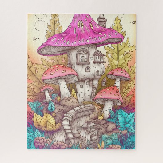 Retro Mushroom Village Illustration Art Puzzle (Vertikal)