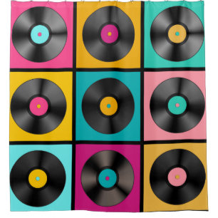 Retro Music Background mit Vinyl Platten - vintag Duschvorhang