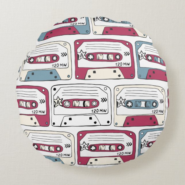 Retro Music Cassettes: Rock Background Pattern Rundes Kissen (Vorderseite)