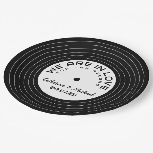 Retro Music Vinyl Record Einzigartige Hochzeit Pappteller (Schrägansicht)