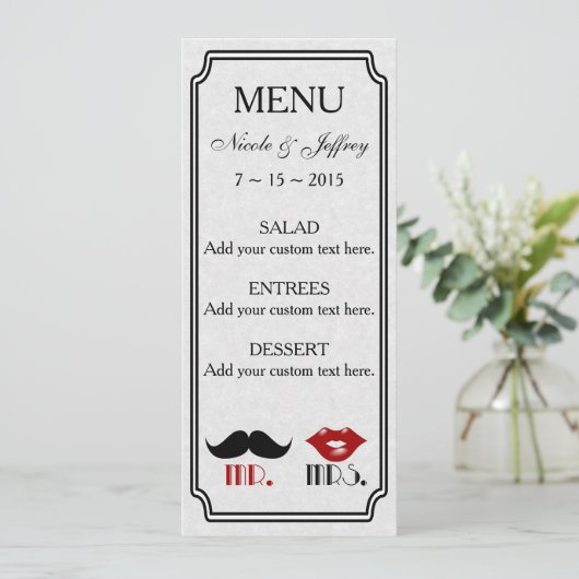 Retro Mustache Custom Wedding Menü Menükarte (Stehend Vorderseite)