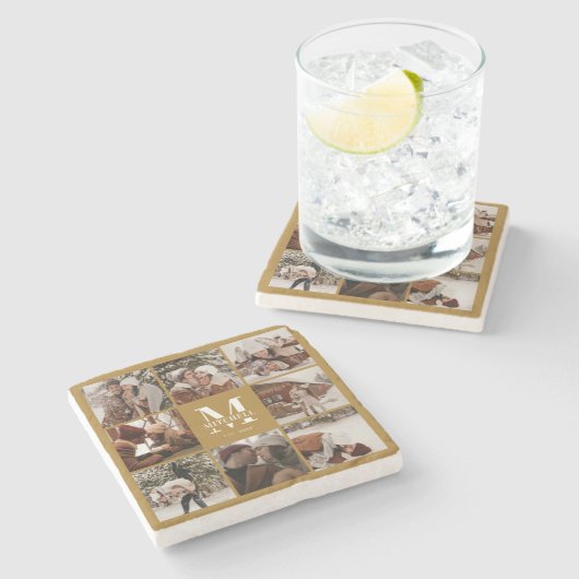 Retro Mustard Monogram Foto für den ersten Familie Steinuntersetzer (Seitenansicht)