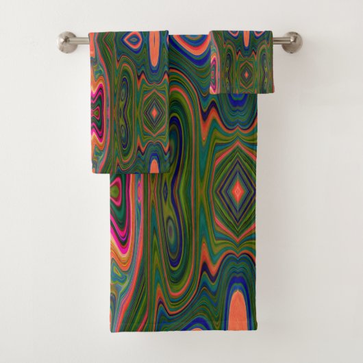 Retro-Muster Abstrakt Blau, Grün und Orange Badhandtuch Set (Insitu)