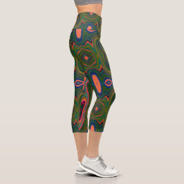 Retro-Muster Abstrakt Blau, Grün und Orange Capri Leggings